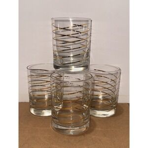 4 MCM Vintage Kraftware Gold Stripe Rocks Old Fashioned Low Ball Glasses